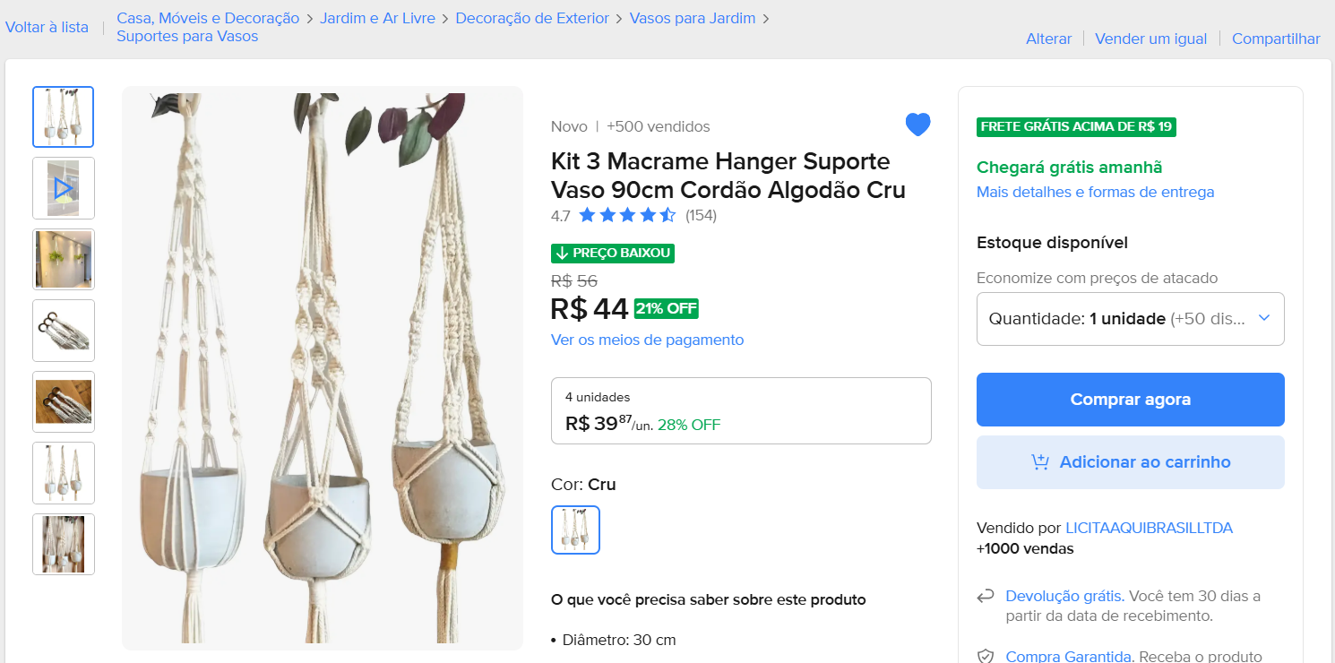 Captura do anúncio do kit no Mercado Livre mostrando mais de 500 vendidos e nota 4,7